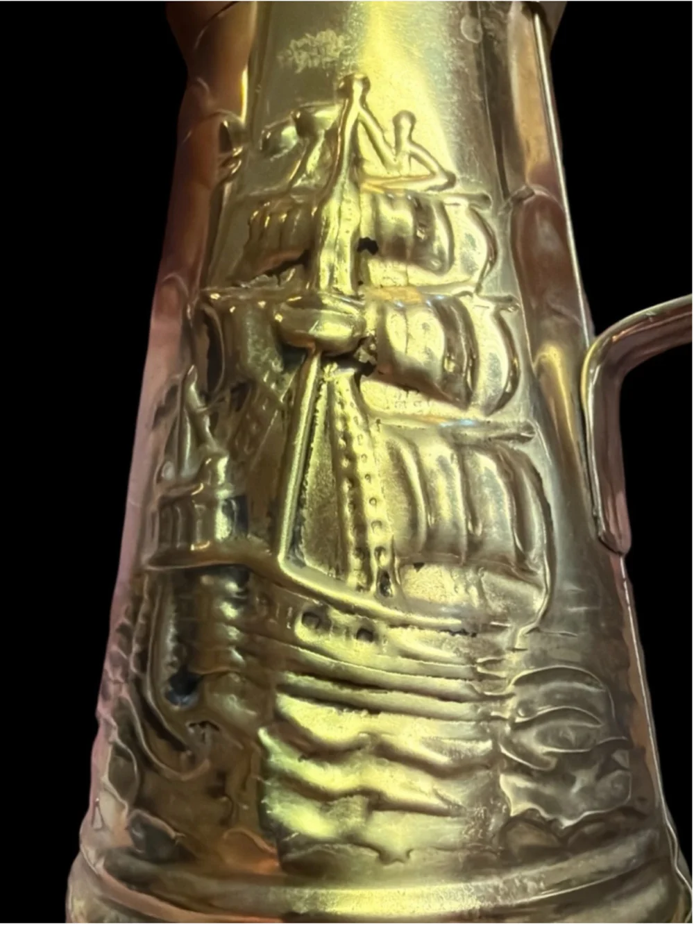 Vintage Brass Nautical Pitcher Tall Ship & Lighthouse Coastal Decor 6.5”